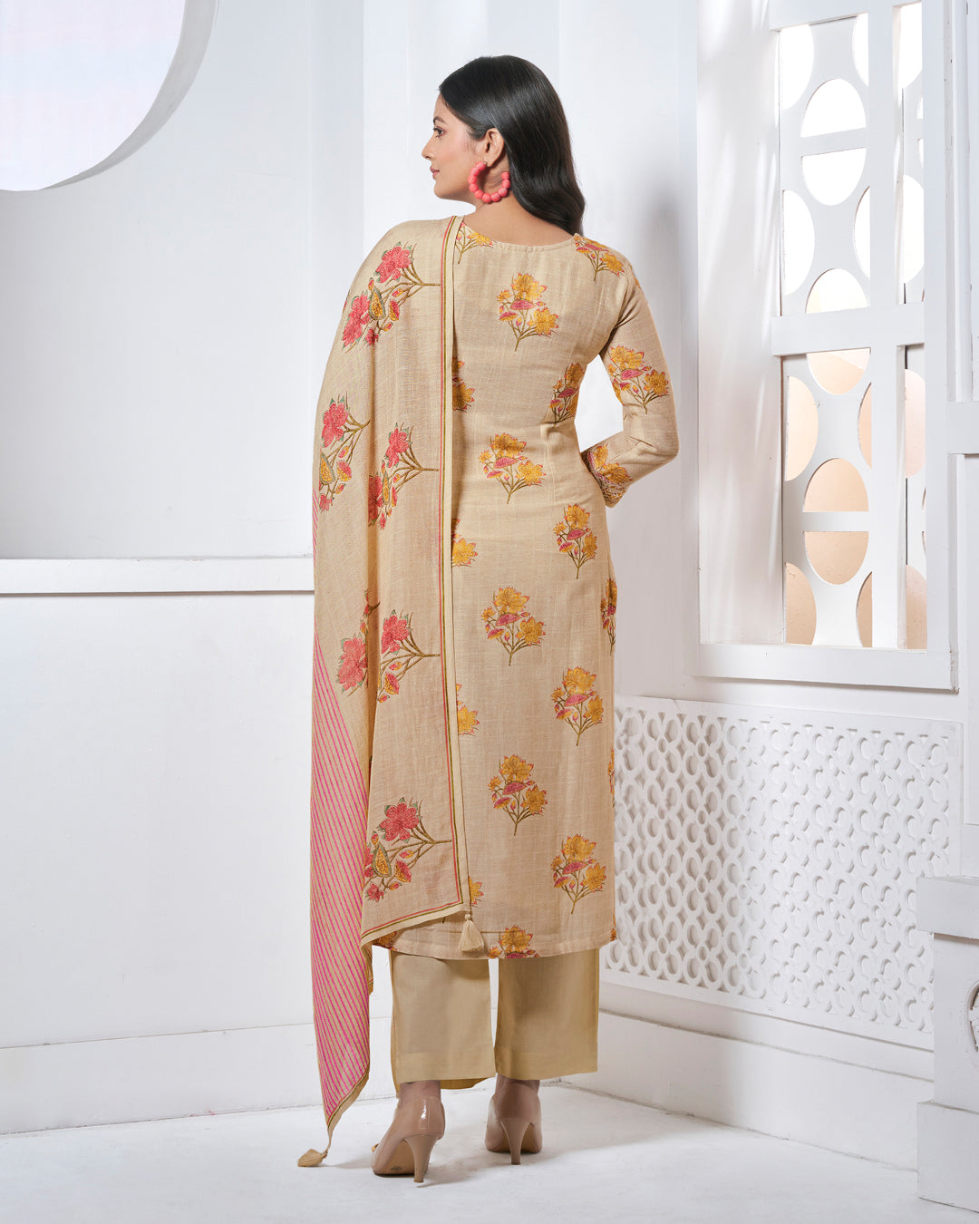 BEIGE EMBROIDERY WITH PRINTED STRAIGHT KURTA WITH DYED TROUSERS AND PRINTED DUPATTA