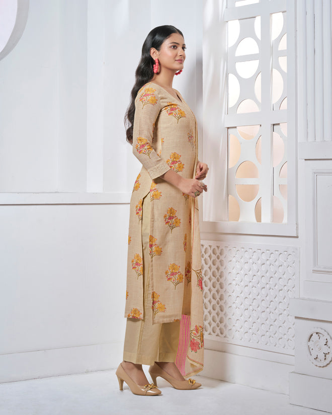 Beige Embroidery With Printed Straight Kurta With Dyed Trousers And Printed Dupatta