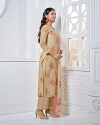 Beige Embroidery With Printed Straight Kurta With Dyed Trousers And Printed Dupatta