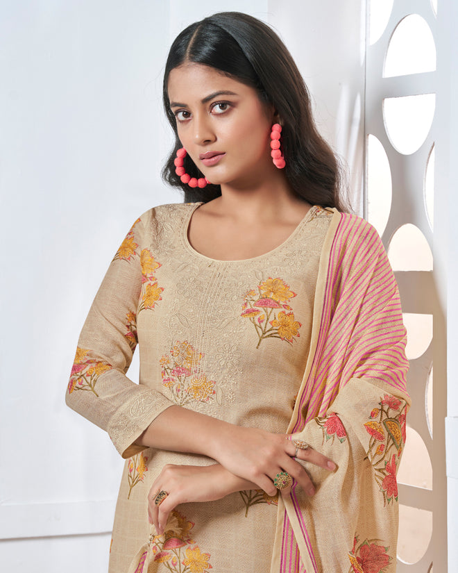 Beige Embroidery With Printed Straight Kurta With Dyed Trousers And Printed Dupatta