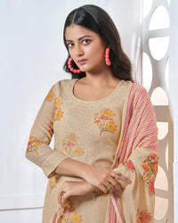 Beige Embroidery With Printed Straight Kurta With Dyed Trousers And Printed Dupatta