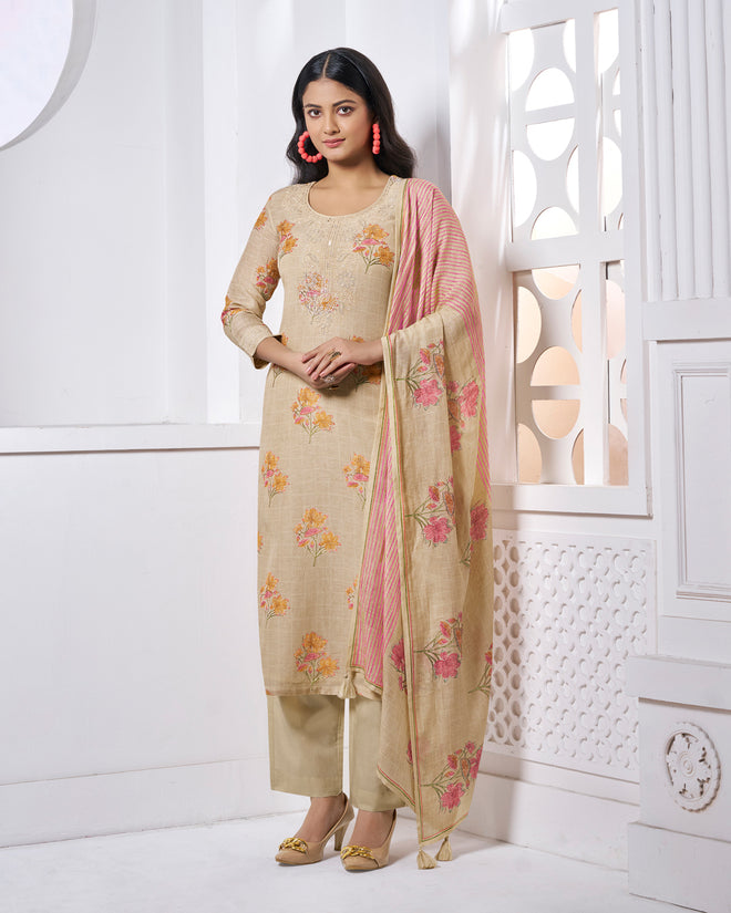 Beige Embroidery With Printed Straight Kurta With Dyed Trousers And Printed Dupatta