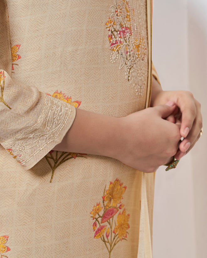 Beige Embroidery With Printed Straight Kurta With Dyed Trousers And Printed Dupatta