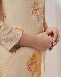 Beige Embroidery With Printed Straight Kurta With Dyed Trousers And Printed Dupatta