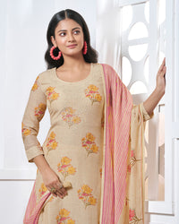 Beige Embroidery With Printed Straight Kurta With Dyed Trousers And Printed Dupatta