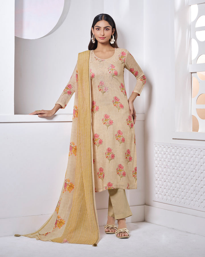 BEIGE EMBROIDERY WITH PRINTED STRAIGHT KURTA WITH DYED TROUSERS AND LINE PRINTED DUPATTA