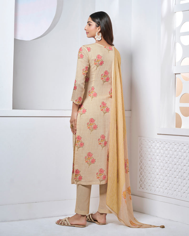 BEIGE EMBROIDERY WITH PRINTED STRAIGHT KURTA WITH DYED TROUSERS AND LINE PRINTED DUPATTA