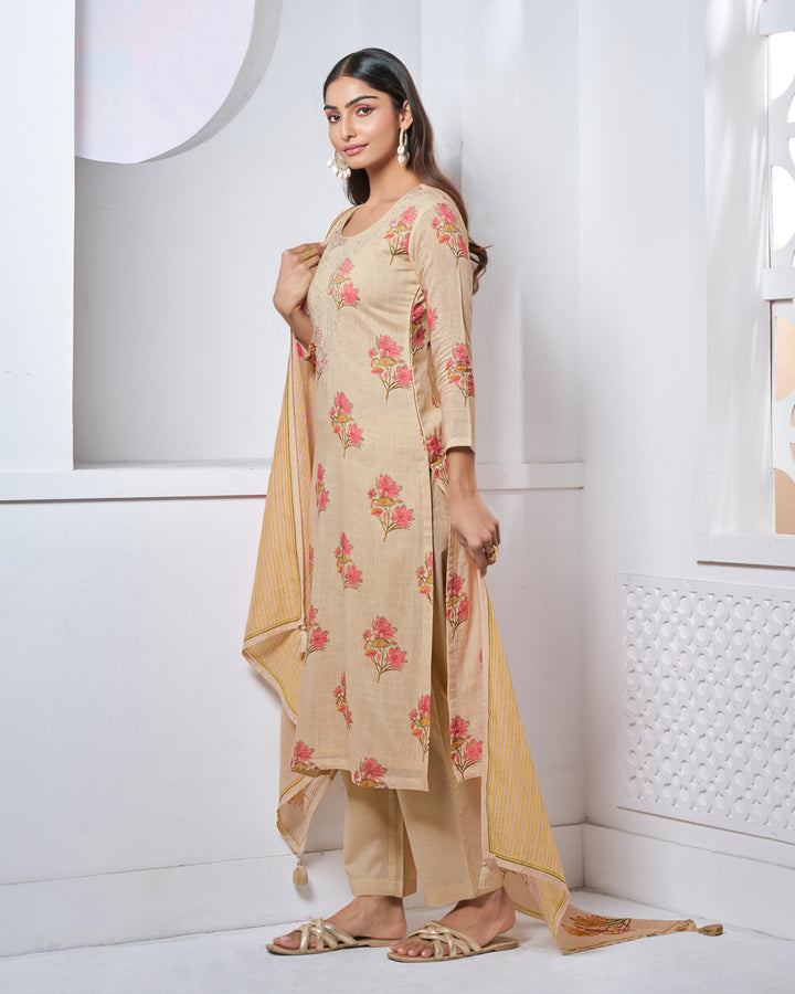 BEIGE EMBROIDERY WITH PRINTED STRAIGHT KURTA WITH DYED TROUSERS AND LINE PRINTED DUPATTA