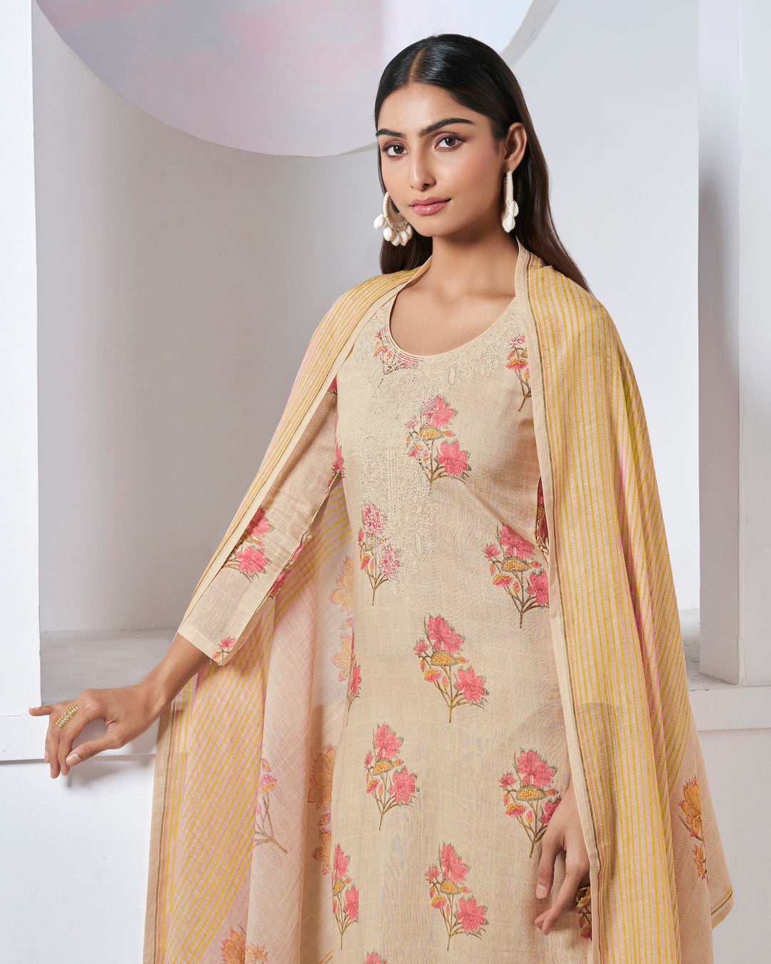 BEIGE EMBROIDERY WITH PRINTED STRAIGHT KURTA WITH DYED TROUSERS AND LINE PRINTED DUPATTA