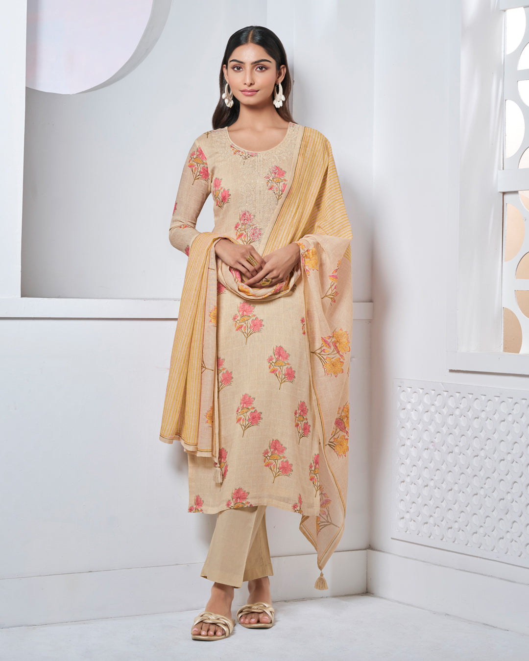 BEIGE EMBROIDERY WITH PRINTED STRAIGHT KURTA WITH DYED TROUSERS AND LINE PRINTED DUPATTA