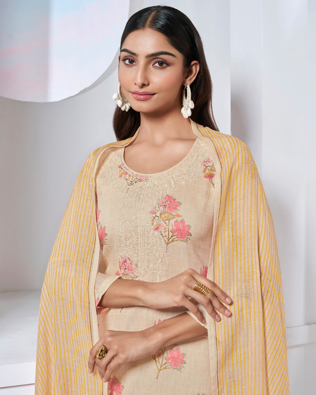 BEIGE EMBROIDERY WITH PRINTED STRAIGHT KURTA WITH DYED TROUSERS AND LINE PRINTED DUPATTA