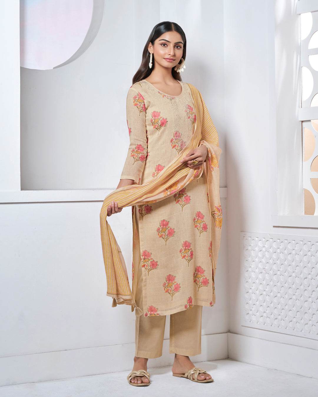BEIGE EMBROIDERY WITH PRINTED STRAIGHT KURTA WITH DYED TROUSERS AND LINE PRINTED DUPATTA
