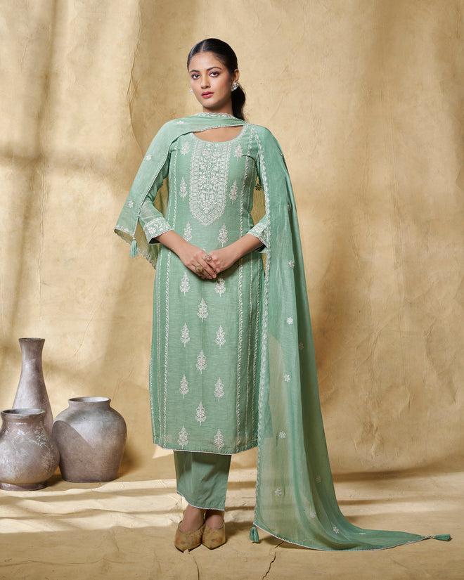 Turquoise Blue Linen Straight Kurta Set with Dyed Trousers and Embroidery Dupatta