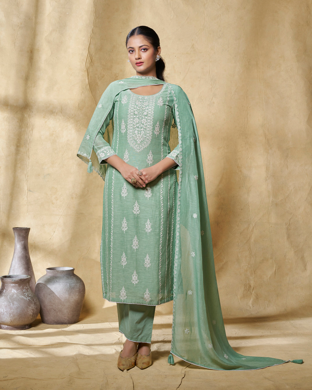 TURQUOISE THREAD EMBROIDERY STRAIGHT KURTA WITH DYED TROUSERS AND EMBROIDERY DUPATTA