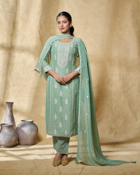 Turquoise Blue Linen Straight Kurta Set with Dyed Trousers and Embroidery Dupatta