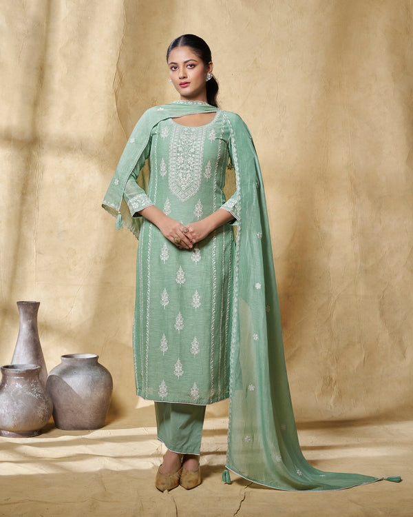 Turquoise Blue Linen Straight Kurta Set with Dyed Trousers and Embroidery Dupatta