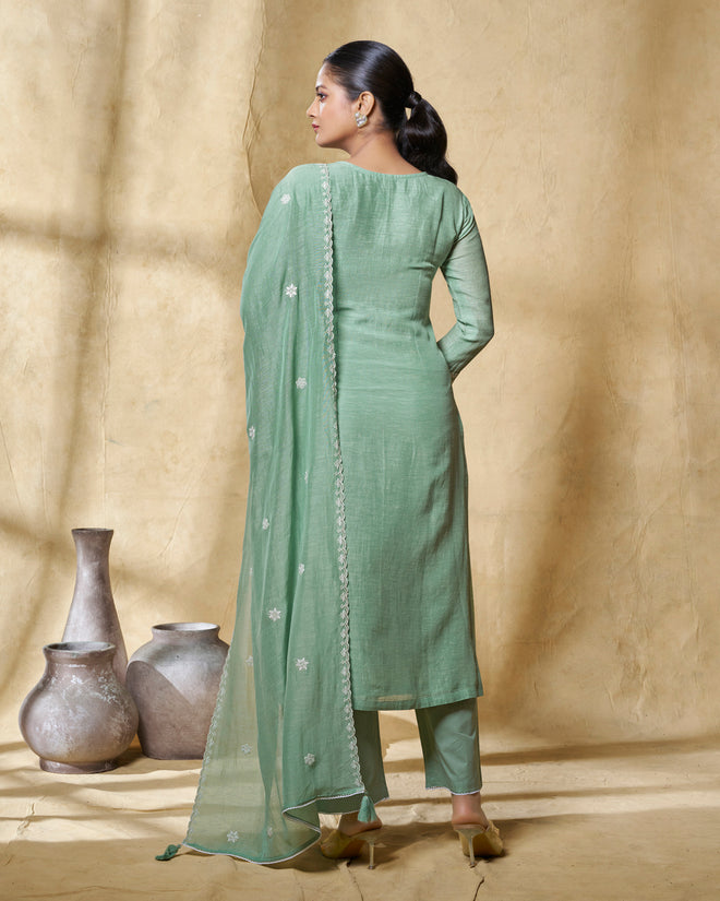 Turquoise Blue Linen Straight Kurta Set with Dyed Trousers and Embroidery Dupatta