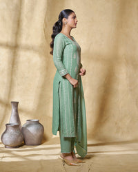 Turquoise Blue Linen Straight Kurta Set with Dyed Trousers and Embroidery Dupatta