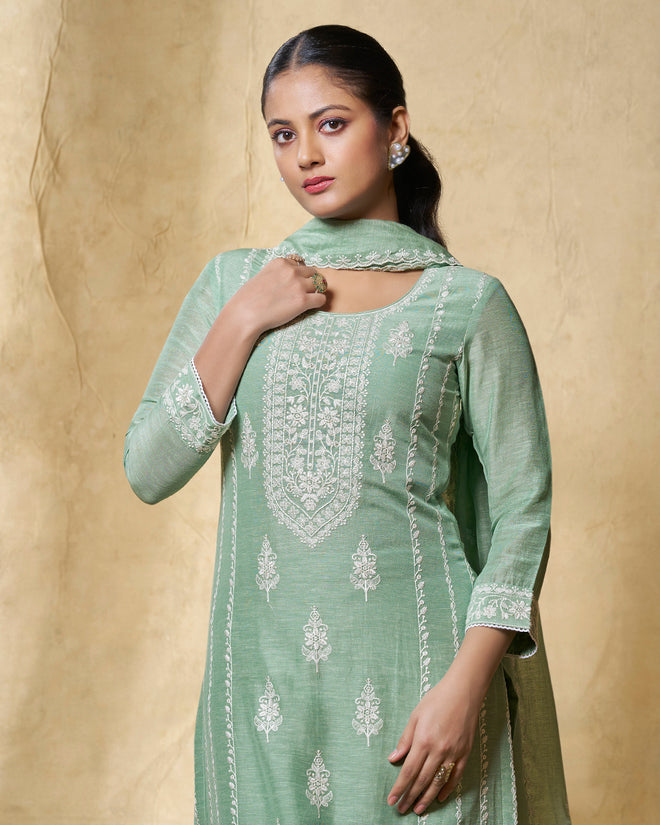 Turquoise Blue Linen Straight Kurta Set with Dyed Trousers and Embroidery Dupatta