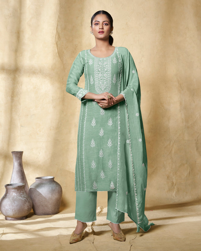 Turquoise Blue Linen Straight Kurta Set with Dyed Trousers and Embroidery Dupatta
