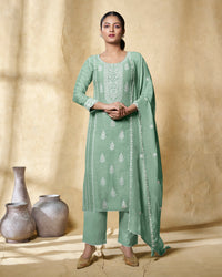 Turquoise Blue Linen Straight Kurta Set with Dyed Trousers and Embroidery Dupatta