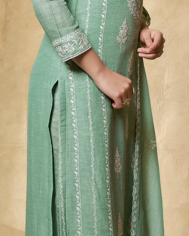 Turquoise Blue Linen Straight Kurta Set with Dyed Trousers and Embroidery Dupatta