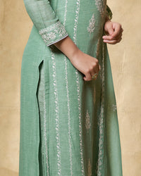 Turquoise Blue Linen Straight Kurta Set with Dyed Trousers and Embroidery Dupatta