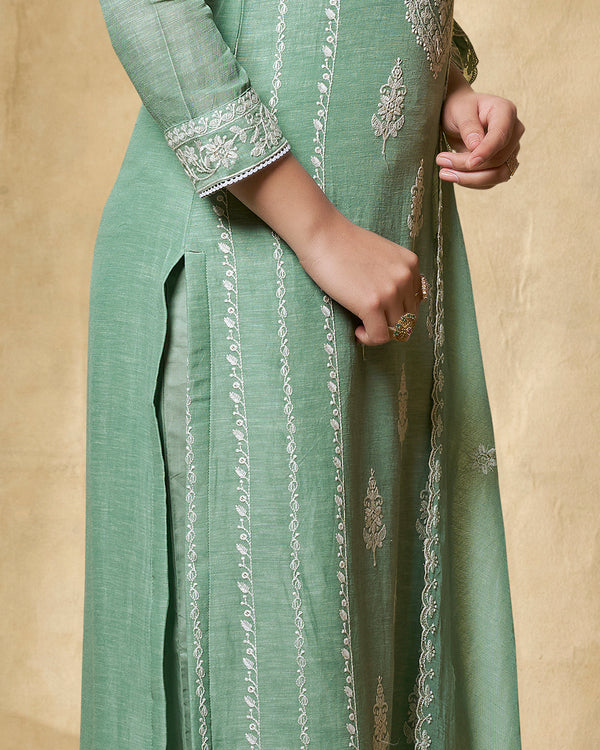 Turquoise Blue Linen Straight Kurta Set with Dyed Trousers and Embroidery Dupatta