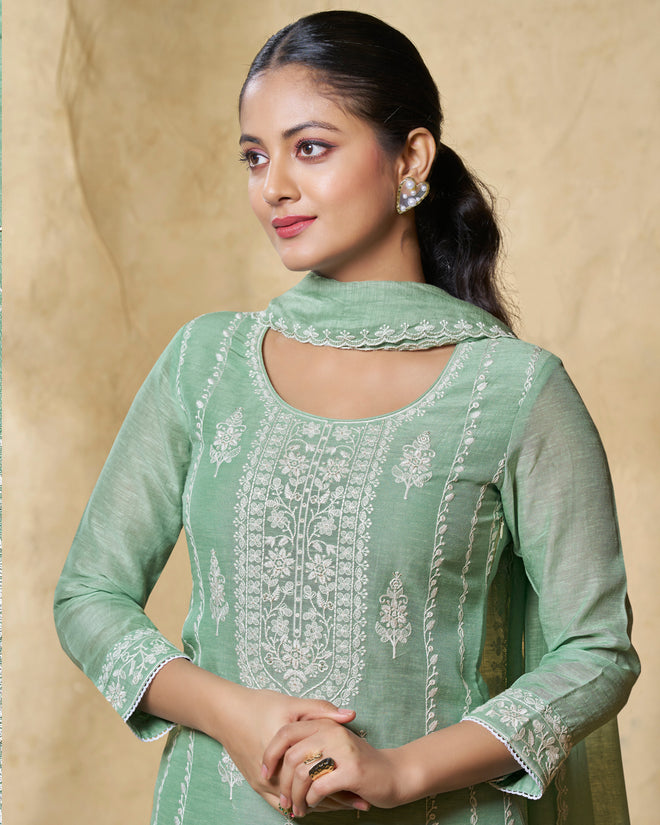 Turquoise Blue Linen Straight Kurta Set with Dyed Trousers and Embroidery Dupatta