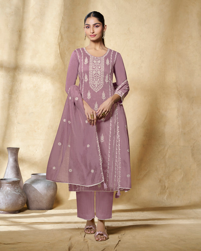 Lavender Thread Embroidery Straight Kurta With Dyed Trousers And Embroidery Dupatta