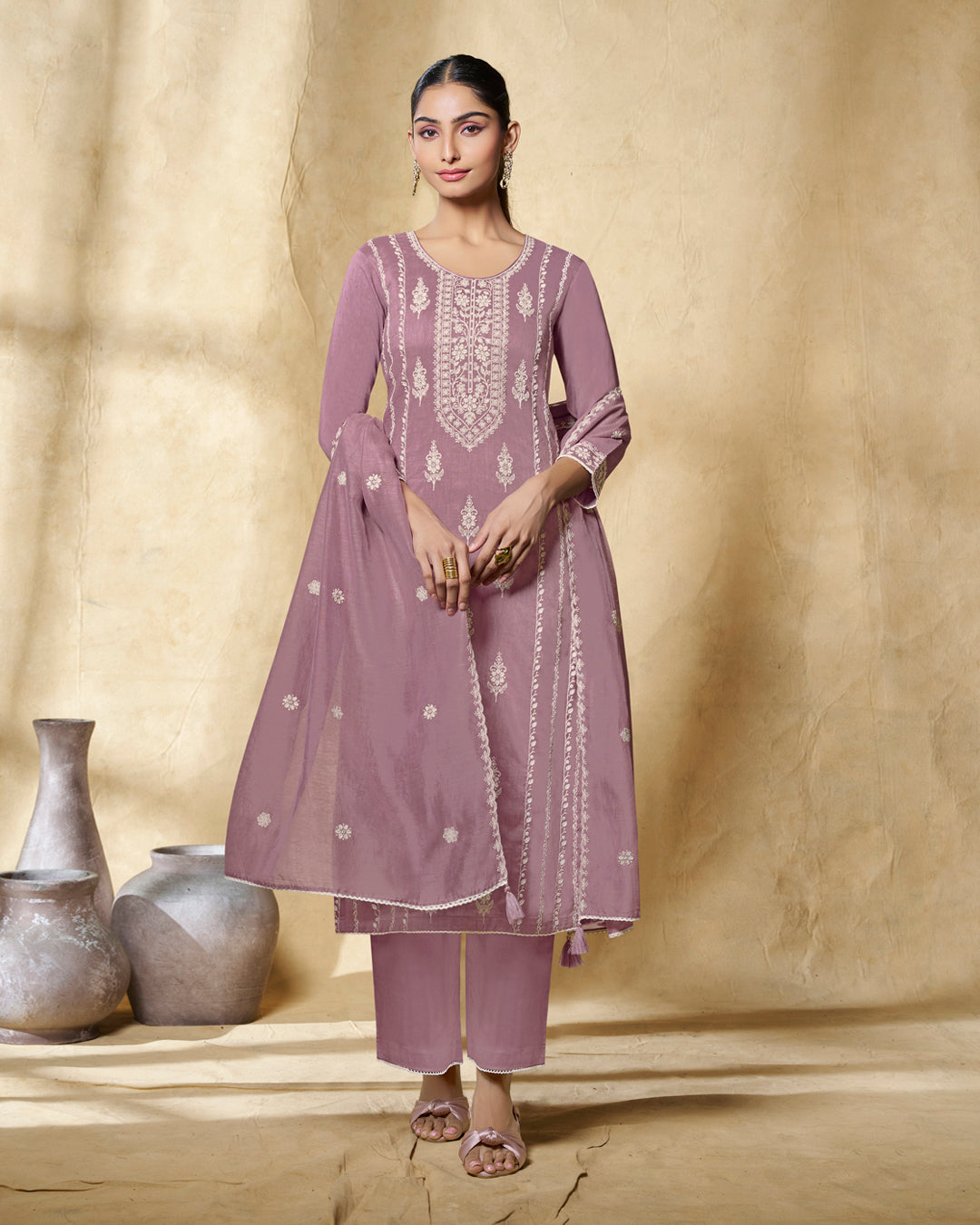 LAVENDER THREAD EMBROIDERY STRAIGHT KURTA WITH DYED TROUSERS AND EMBROIDERY DUPATTA