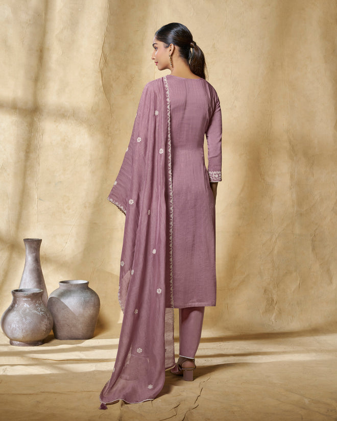 Lavender Thread Embroidery Straight Kurta With Dyed Trousers And Embroidery Dupatta