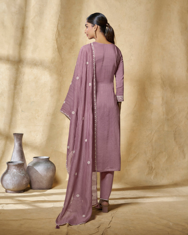 LAVENDER THREAD EMBROIDERY STRAIGHT KURTA WITH DYED TROUSERS AND EMBROIDERY DUPATTA