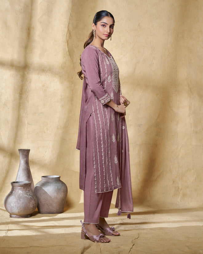 Lavender Thread Embroidery Straight Kurta With Dyed Trousers And Embroidery Dupatta