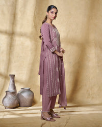 Lavender Thread Embroidery Straight Kurta With Dyed Trousers And Embroidery Dupatta