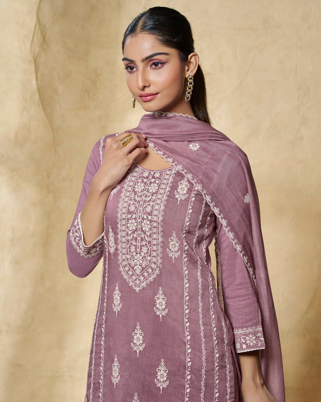 Lavender Thread Embroidery Straight Kurta With Dyed Trousers And Embroidery Dupatta