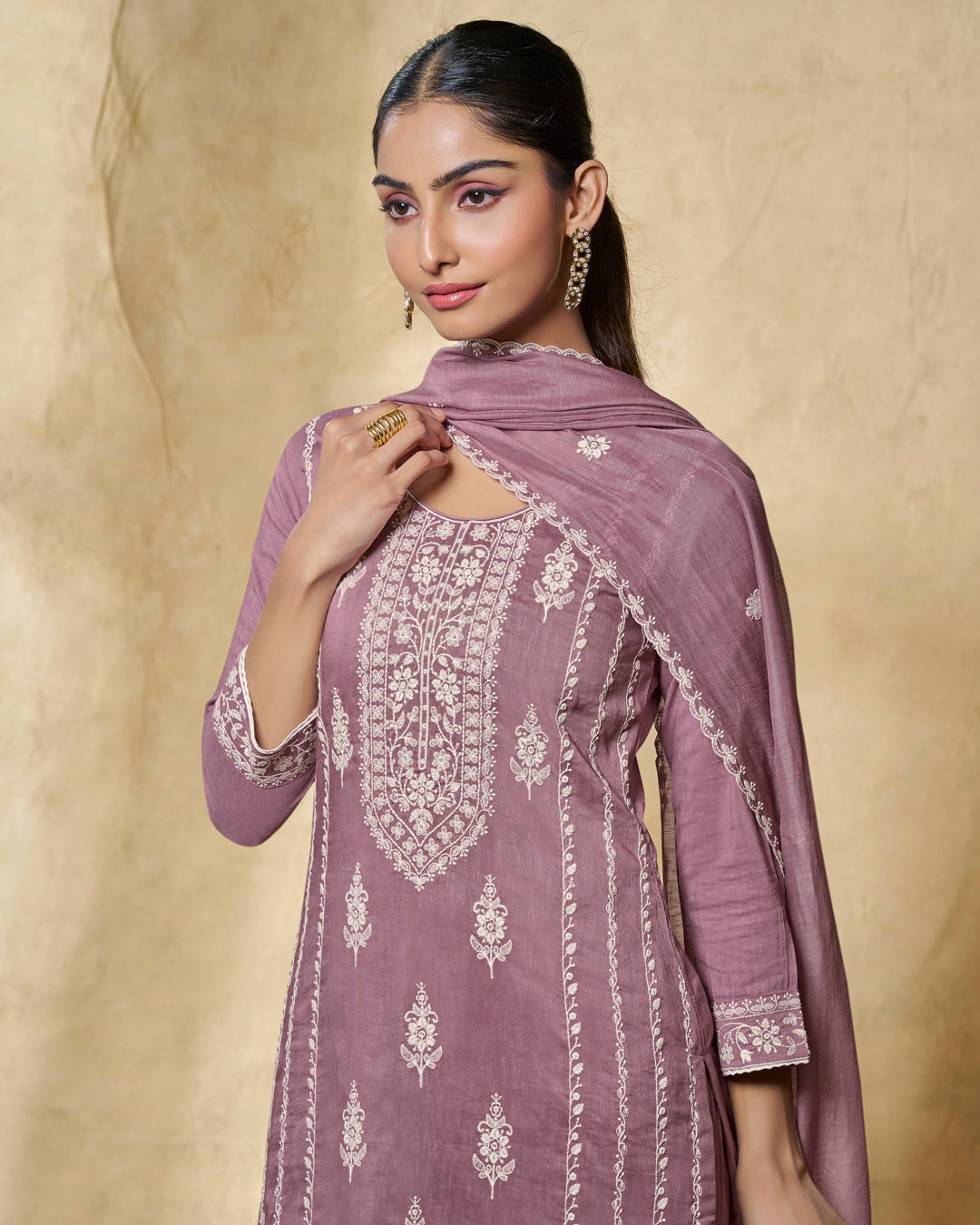 Lavender Thread Embroidery Straight Kurta With Dyed Trousers And Embroidery Dupatta