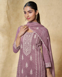 Lavender Thread Embroidery Straight Kurta With Dyed Trousers And Embroidery Dupatta