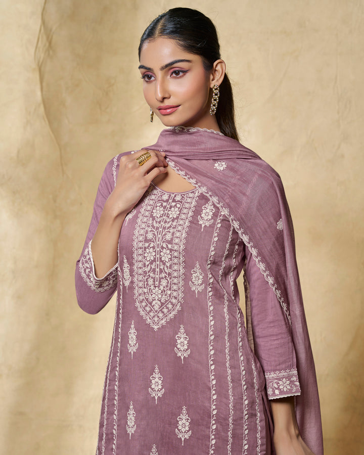 LAVENDER THREAD EMBROIDERY STRAIGHT KURTA WITH DYED TROUSERS AND EMBROIDERY DUPATTA