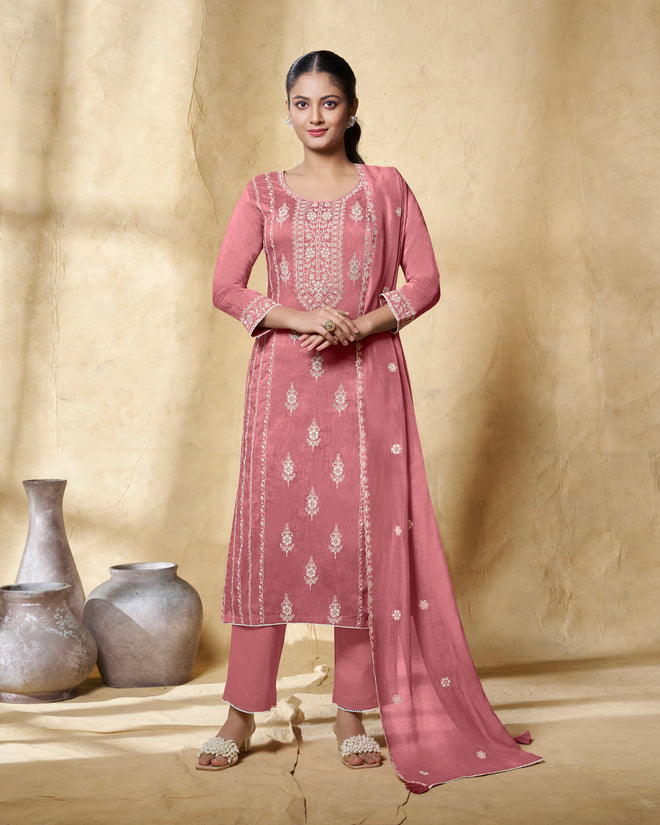 Pink Thread Embroidery Straight Kurta With Dyed Trousers And Embroidery Dupatta