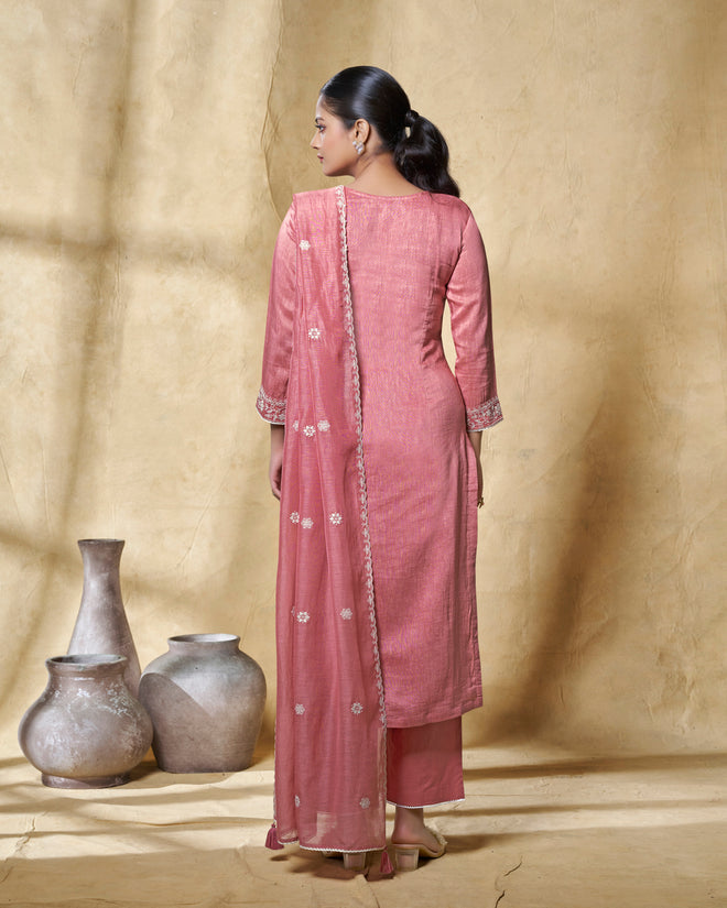 Pink Thread Embroidery Straight Kurta With Dyed Trousers And Embroidery Dupatta