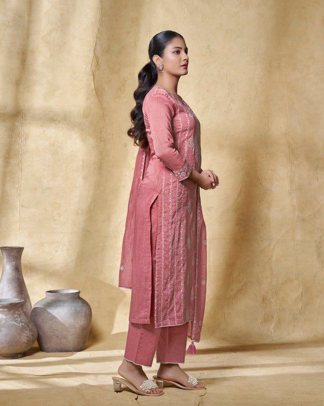 Pink Thread Embroidery Straight Kurta With Dyed Trousers And Embroidery Dupatta