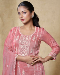 Pink Thread Embroidery Straight Kurta With Dyed Trousers And Embroidery Dupatta