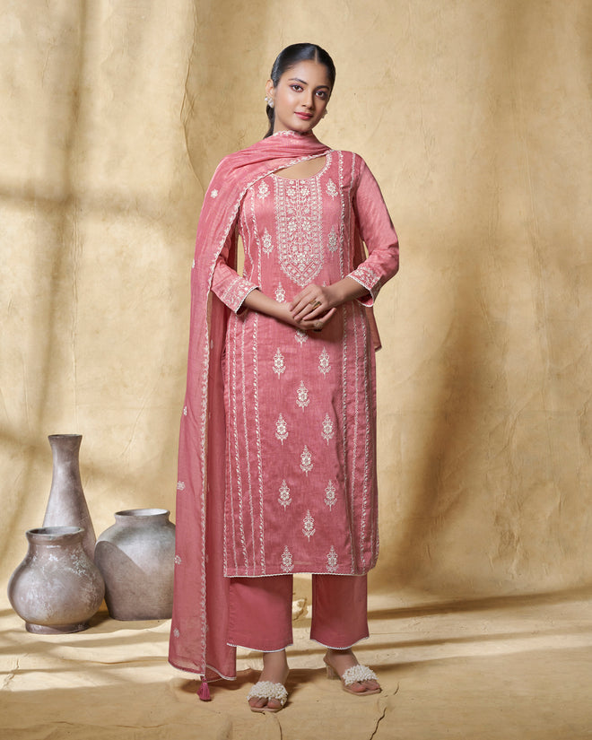 Pink Thread Embroidery Straight Kurta With Dyed Trousers And Embroidery Dupatta