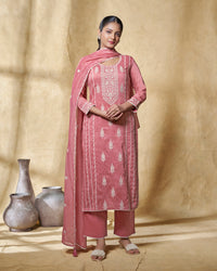 Pink Thread Embroidery Straight Kurta With Dyed Trousers And Embroidery Dupatta