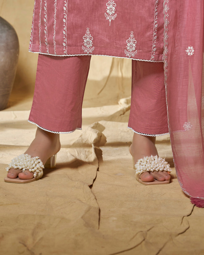 Pink Thread Embroidery Straight Kurta With Dyed Trousers And Embroidery Dupatta