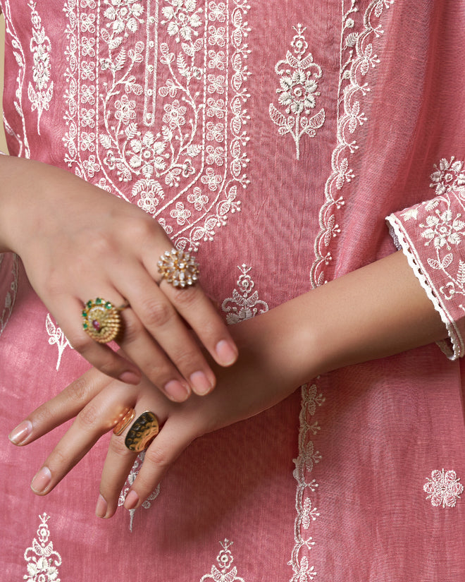 Pink Thread Embroidery Straight Kurta With Dyed Trousers And Embroidery Dupatta