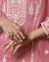Pink Thread Embroidery Straight Kurta With Dyed Trousers And Embroidery Dupatta