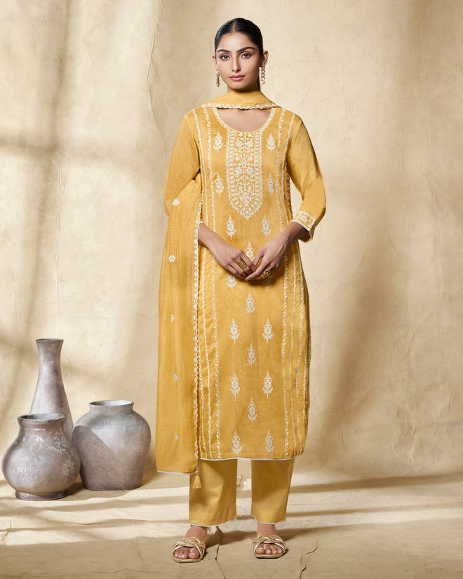 Yellow Thread Embroidery Straight Kurta With Dyed Trousers And Embroidery Dupatta