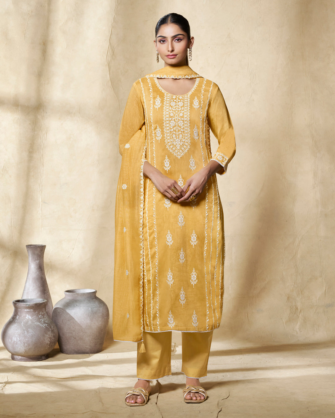 YELLOW THREAD EMBROIDERY STRAIGHT KURTA WITH DYED TROUSERS AND EMBROIDERY DUPATTA